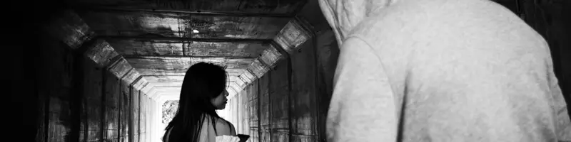 Black and white image of a hooded figure approaching a woman in a dimly lit tunnel.