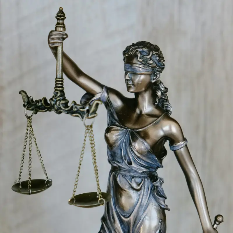 Blindfolded Lady Justice statue holding scales, symbolising law and fairness.