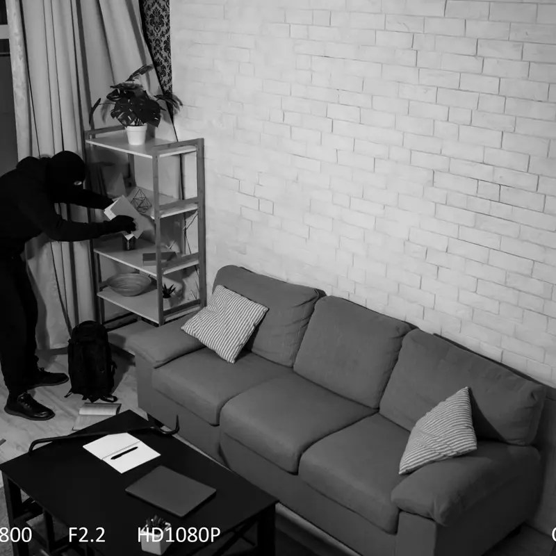 Surveillance camera footage of a masked burglar rummaging through shelves in a living room.