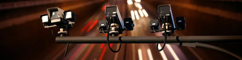 Traffic surveillance cameras mounted above a busy highway at night.