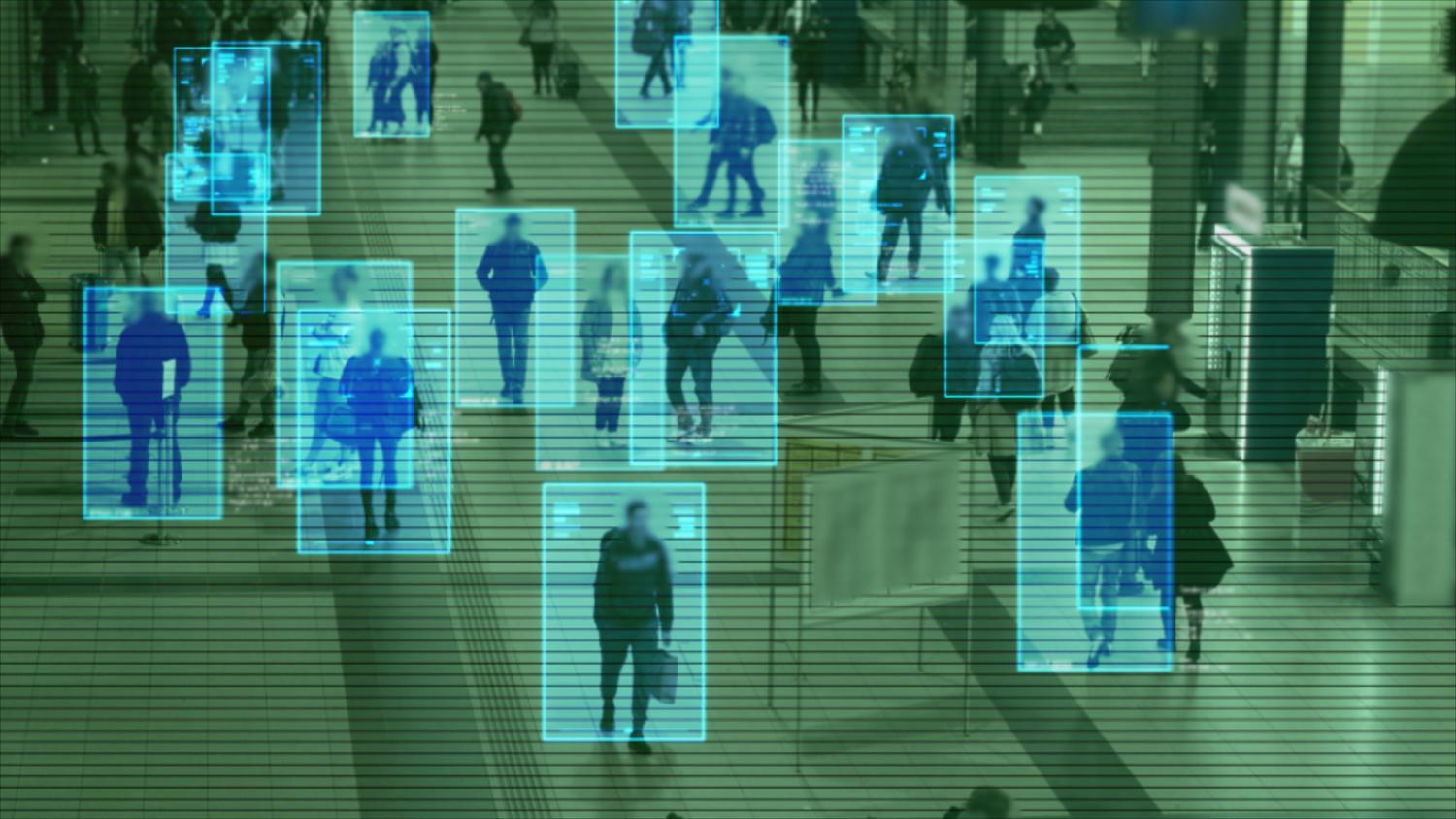 AI-powered surveillance system detecting and tracking people in a public space.