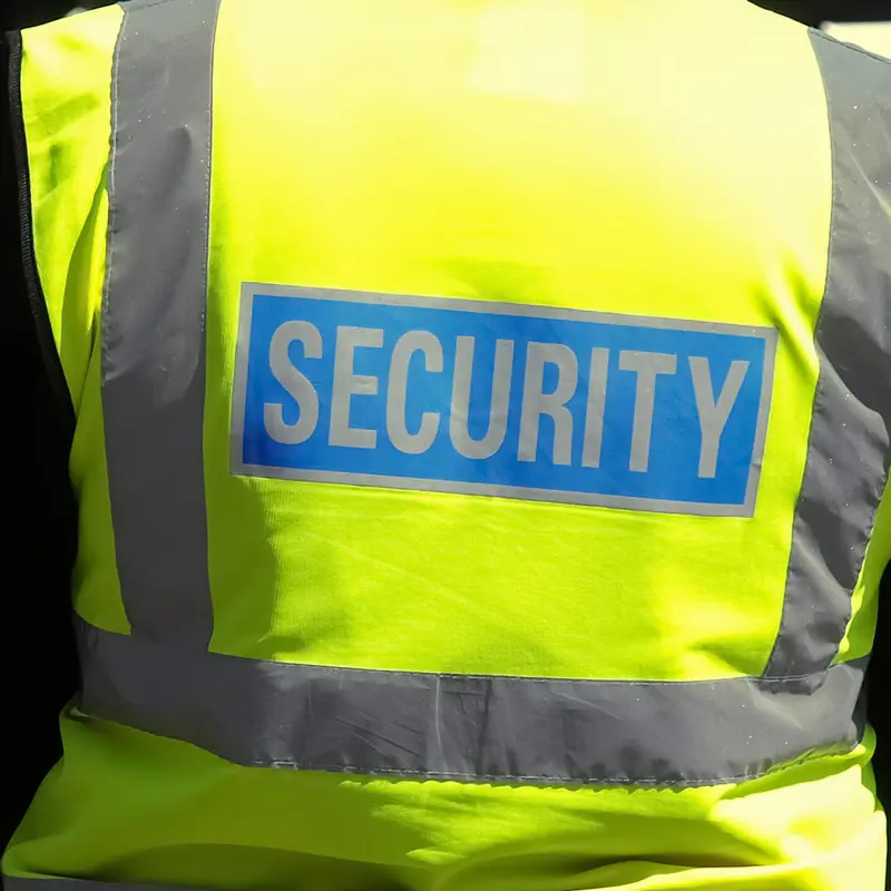 Security guard wearing a high-visibility vest with 'SECURITY' printed on the back.